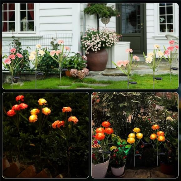 Solar Carnation Stake Lights Outside with 12 Real Looking Flowers for Yard Decor - Picture 7 of 8